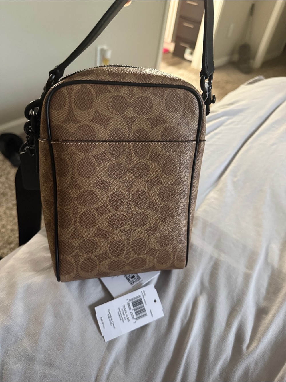Coach Brown Signature Canvas Vertical Messenger Bag with Black Trim - Picture 2 of 2